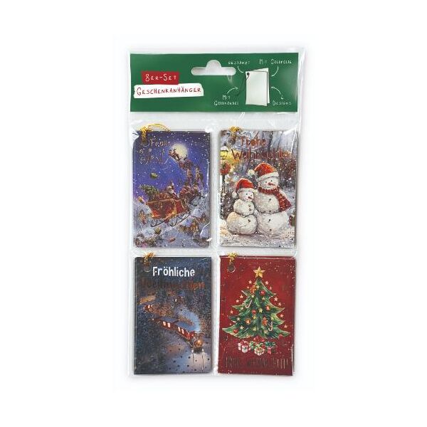 Weihnachten Geschenkanhänger 8-er Set 4 x 2 inkl. Goldkordel Zug Weihnachtsmann mit Schlitten Schneemann Tannenbaum