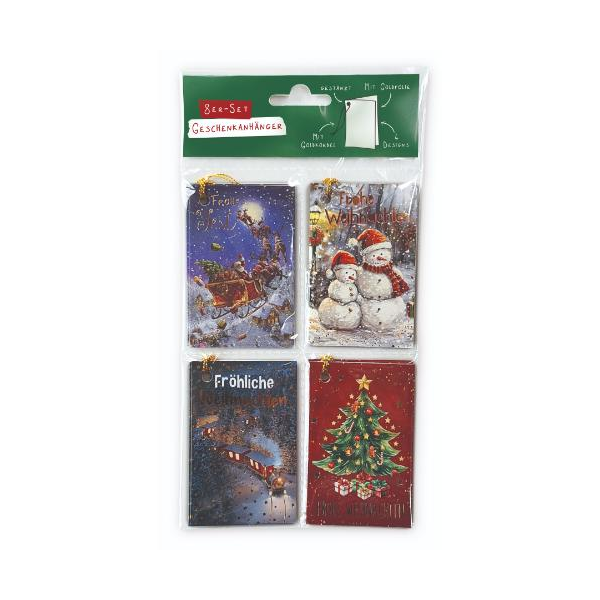 Weihnachten Geschenkanhänger 8-er Set 4 x 2 inkl. Goldkordel Zug Weihnachtsmann mit Schlitten Schneemann Tannenbaum
