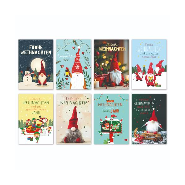 Weihnachten100-er Sortiment € 150 Glückwunschkarten mit Umschlägen Bundle 8 Motive Wichtel