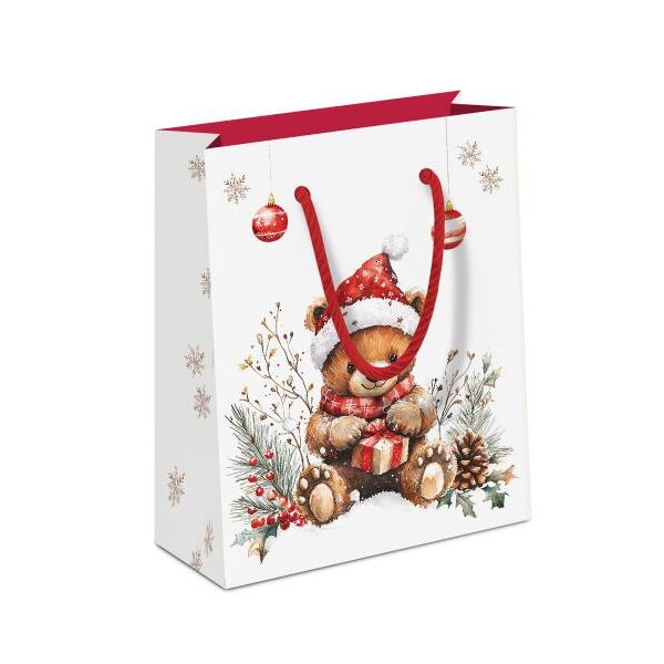 Weihnachten Geschenktasche A5-Format Teddy mit Geschenk Teddys gift white