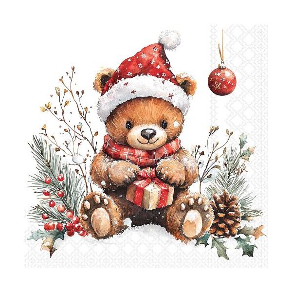Weihnachten Servietten Cocktail 25x25 3-lagig 20 Stück Teddy mit Geschenk  Teddys gift white FSC Mix