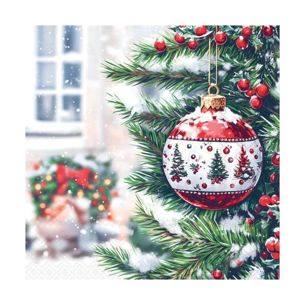 Weihnachten Servietten Cocktail 25x25 3-lagig 20 Stück verzierte Kugel an Tannenbaum Decorated bauble FSC Mix