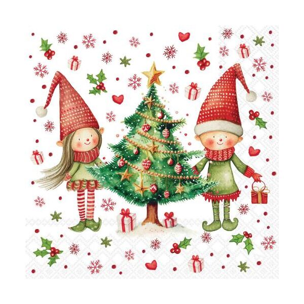 Weihnachten Servietten Cocktail 25x25 3-lagig 20 Stück Wichtel bei Tannenbaum  Elves by the tree FSC Mix
