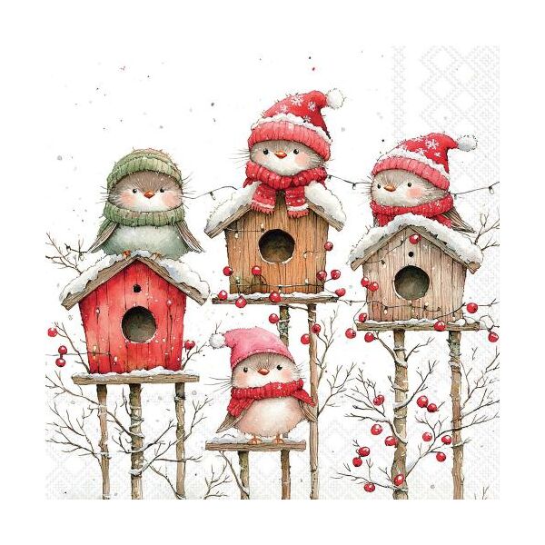 Weihnachten Servietten Cocktail 25x25 3-lagig 20 Stück Vogelhaus Quartett  Birdhouse quartet white FSC Mix