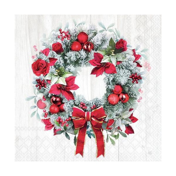 Weihnachten Servietten Lunch 33x33 3-lagig 20 Stück Kranz an Holzwand  Blooming wreath FSC Mix