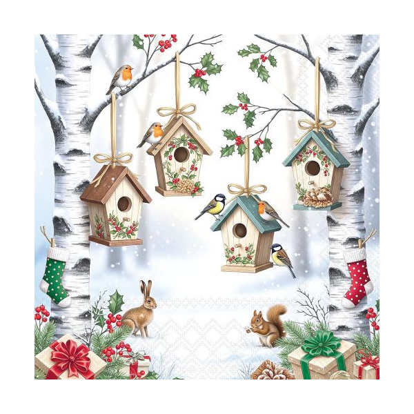 Weihnachten Servietten Lunch 33x33 3-lagig 20 Stück weiße Winterlandschaft Vogelhäuser Enchanted forest FSC Mix