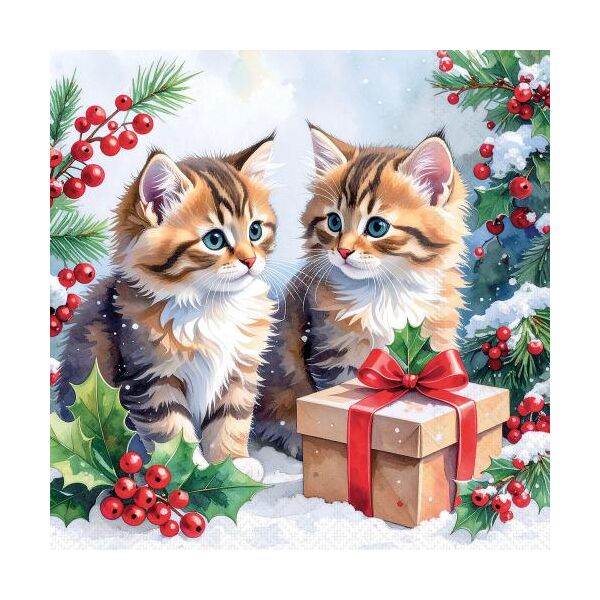 Weihnachten Servietten Lunch 33x33 3-lagig 20 Stück Katzen mit Geschenk Kitty gift FSC Mix