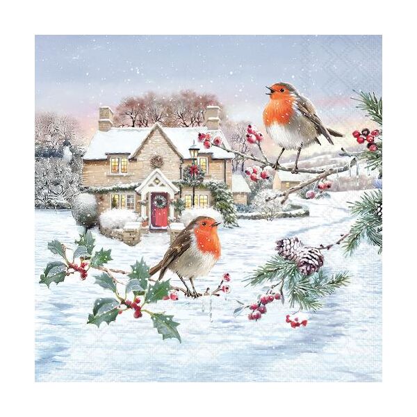 Weihnachten Servietten Lunch 33x33 3-lagig 20 Stück Rotkelchen auf Zweige Birdy village FSC Mix