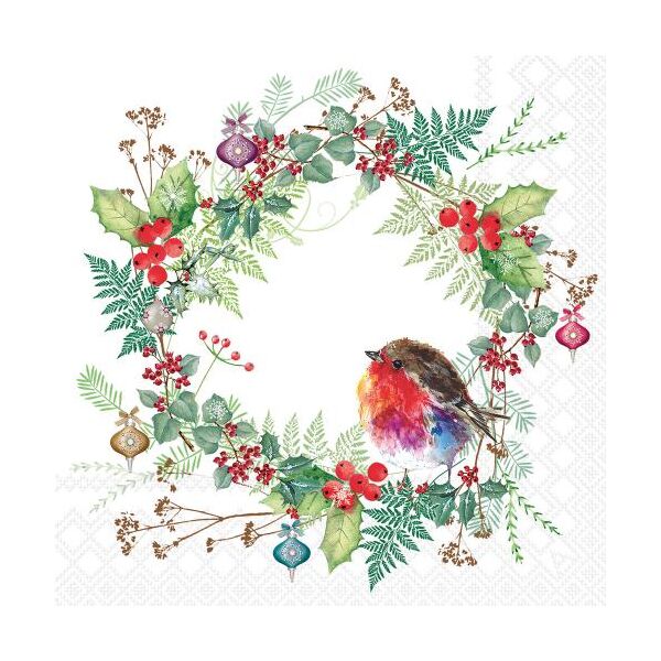 Weihnachten Servietten Lunch 33x33 3-lagig 20 Stück Rotkelchen in Kranz Robins wreath white FSC Mix