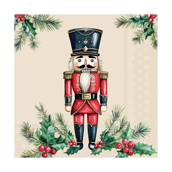 Weihnachten Servietten Lunch 33x33 3-lagig 20 Stück Nussknacker Stechpalme cream Wooden nutcracker cream FSC Mix