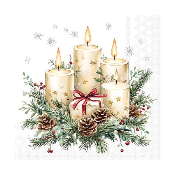 Weihnachten Servietten Lunch 33x33 3-lagig 20 Stück Adventskranz mit Geschenk weiß Candles and gift white FSC Mix