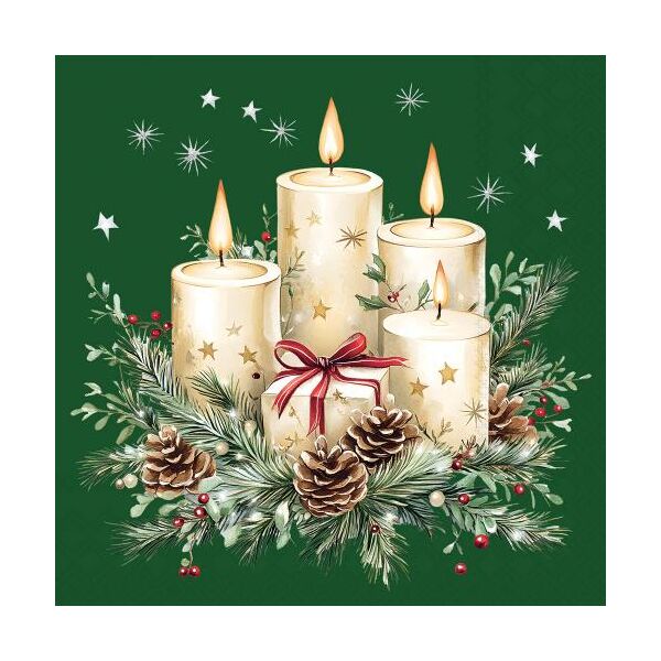 Weihnachten Servietten Lunch 33x33 3-lagig 20 Stück Adventskranz mit Geschenk grün Candles and gift green FSC Mix