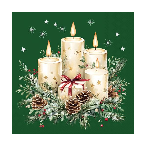 Weihnachten Servietten Lunch 33x33 3-lagig 20 Stück Adventskranz mit Geschenk grün Candles and gift green FSC Mix