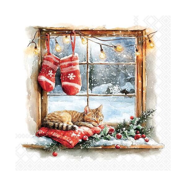 Weihnachten Servietten Lunch 33x33 3-lagig 20 Stück Katze an Fenster Winter window FSC Mix
