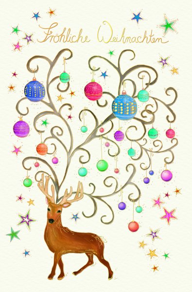 Weihnachten Grußkarte - Glückwunschkarte mit Umschlag Skorpion`s Art - Hirsch mit Baumkugeln