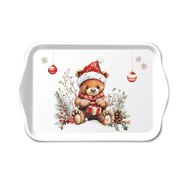 Weihnachten Tray melamine Tablett 13 x 21 Teddy mit Geschenk Tray melamine 13x21 cm Teddys gift white