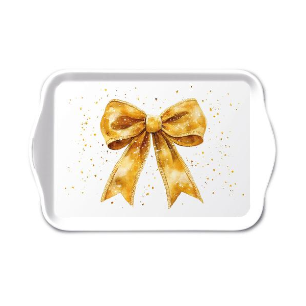 Weihnachten Tray melamine Tablett 13 x 21 goldene GeschenkschleifeTray melamine 13x21 cm Fancy bow gold/white