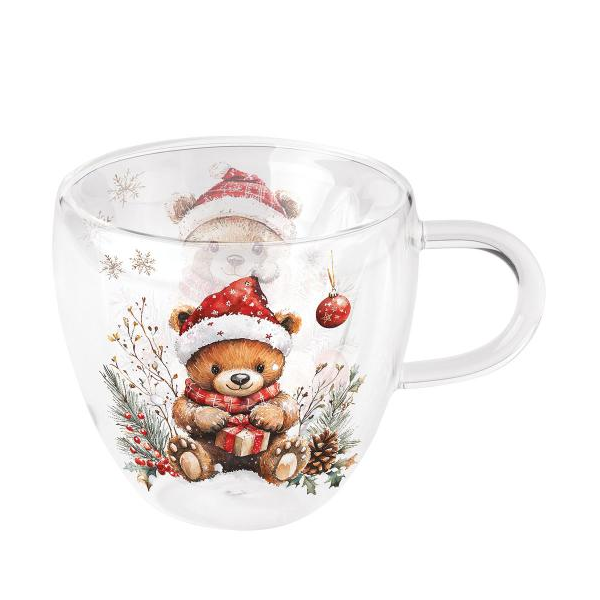 Weihnachten Doppelwandiger Glasbecher 0,2 l Teddy mit Geschenk Teddys gift white