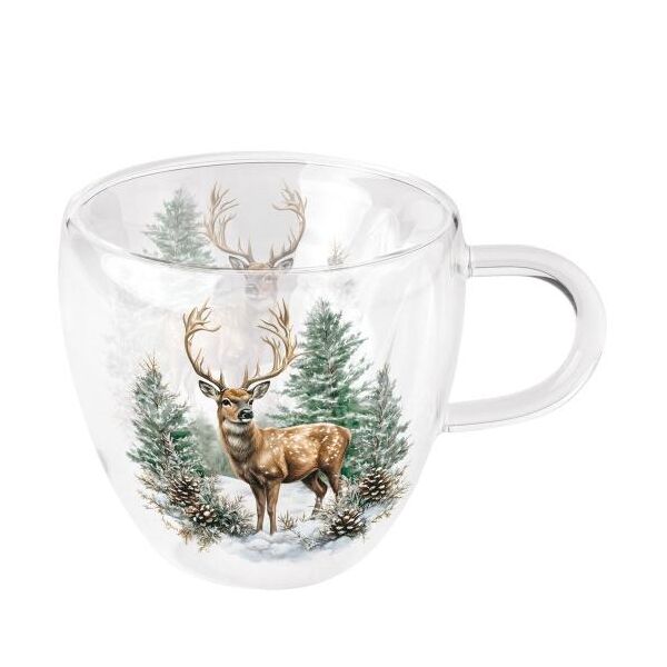 Weihnachten Doppelwandiger Glasbecher 0,2 l Hirsch im Wald Winter stag white
