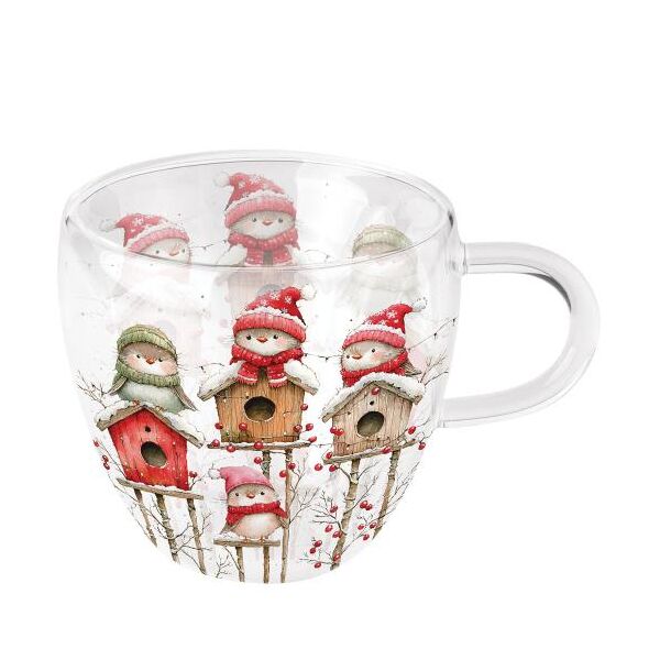 Weihnachten Doppelwandiger Glasbecher 0,2 l Vogelhaus Quartett Birdhouse quartet white