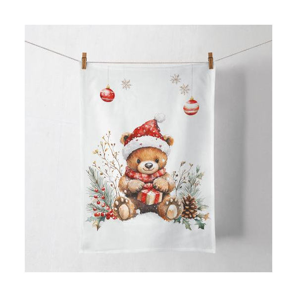 Weihnachten Geschirrtuch 50x70 cm Teddy mit Geschenk  Teddys gift white