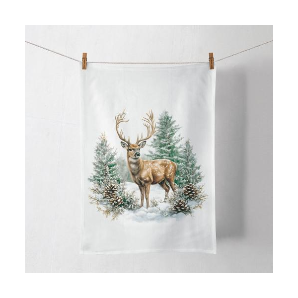 Weihnachten Geschirrtuch 50x70 cm Hirsch im Wald  Winter stag white
