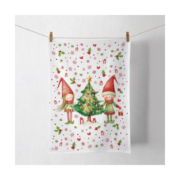 Weihnachten Geschirrtuch 50x70 cm Wichtel bei Tannenbaum  Elves by the tree