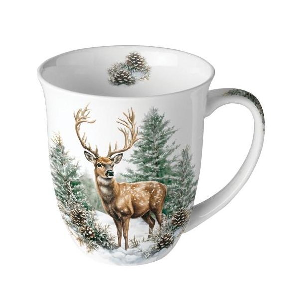 Weihnachten Becher 0,4 l Hirsch im Wald  Winter stag white