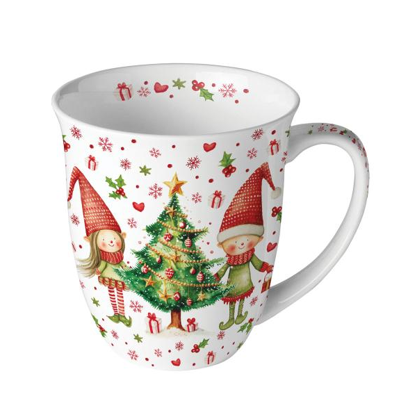 Weihnachten Becher 0,4 l Wichtel bei Tannenbaum  Elves by the tree
