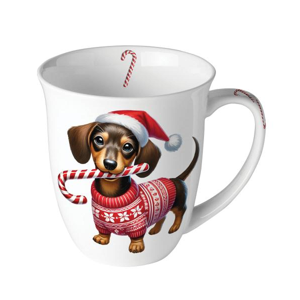 Weihnachten Becher 0,4 l Dackel mit Zuckerstange  Anton