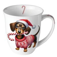 Weihnachten Becher 0,4 l Dackel mit Zuckerstange  Anton