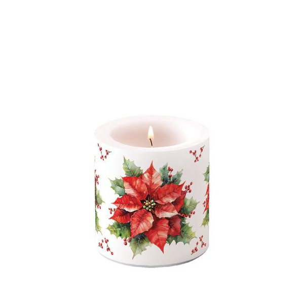 Weihnachten Kerze klein Ø 7,5 x 9 cm  Weihnachtsstern  Festive poinsettia white