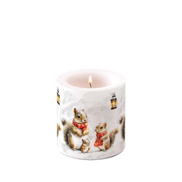 Weihnachten Kerze klein Ø 7,5 x 9 cm  Eichhörnchen Familie  Squirrel family