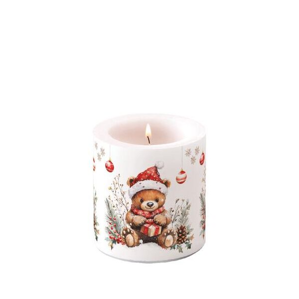 Weihnachten Kerze klein Ø 7,5 x 9 cm  Teddy mit Geschenk  Teddys gift white