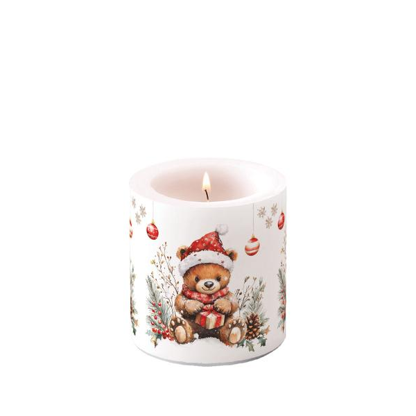 Weihnachten Kerze klein Ø 7,5 x 9 cm  Teddy mit Geschenk  Teddys gift white