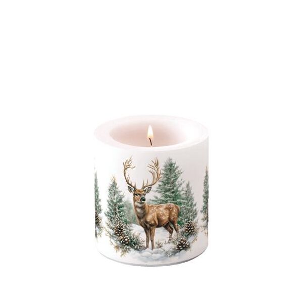 Weihnachten Kerze klein Ø 7,5 x 9 cm  Hirsch im Wald  Winter stag white