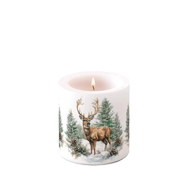 Weihnachten Kerze klein Ø 7,5 x 9 cm  Hirsch im Wald  Winter stag white