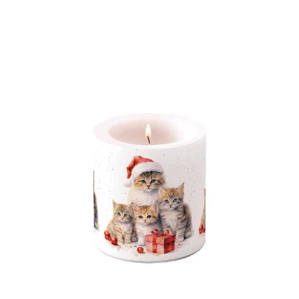 Weihnachten Kerze klein Ø 7,5 x 9 cm  Kätzchen Geschenk Kugeln  Meaowy Christmas
