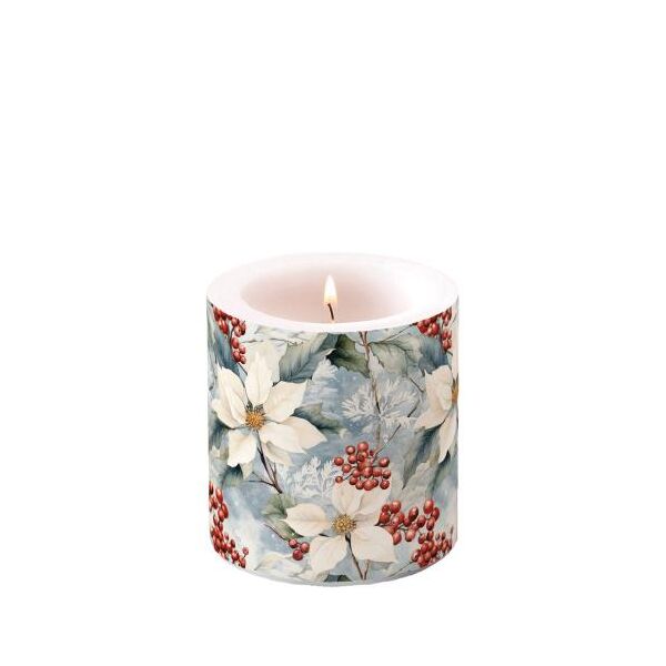 Weihnachten Kerze klein Ø 7,5 x 9 cm  Weihnachtsstern und Stechpalme  Winter poinsettia