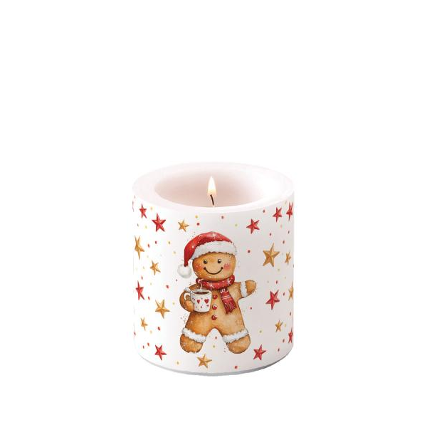 Weihnachten Kerze klein Ø 7,5 x 9 cm  Lebkuchenmann mit Kakao  Cocoa and cookie