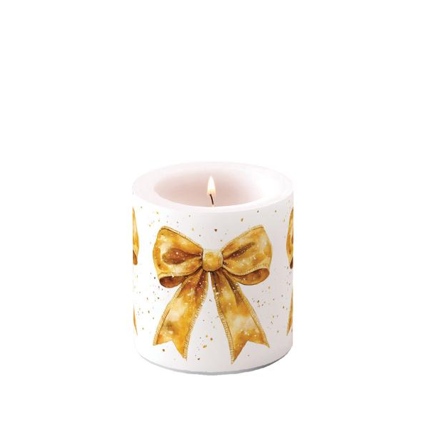 Weihnachten Kerze klein Ø 7,5 x 9 cm  goldene Geschenkschleife Fancy bow gold/white