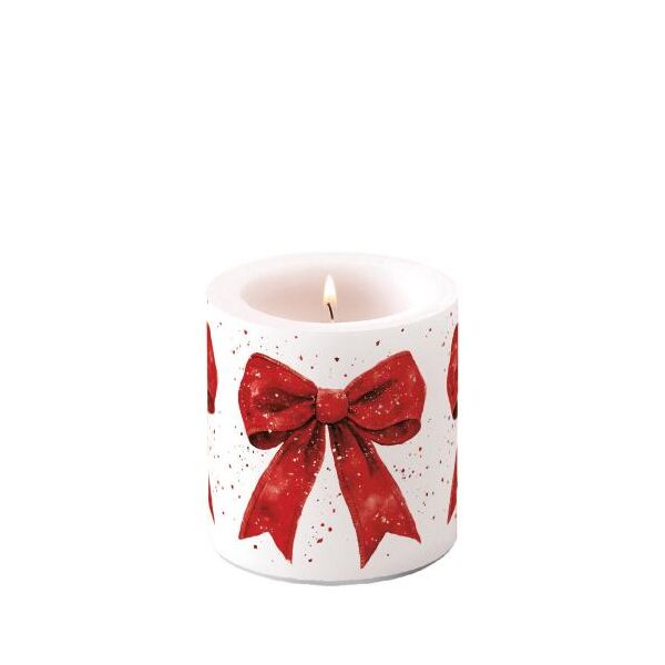 Weihnachten Kerze klein Ø 7,5 x 9 cm  rote Geschenkschleife  Fancy bow red/white