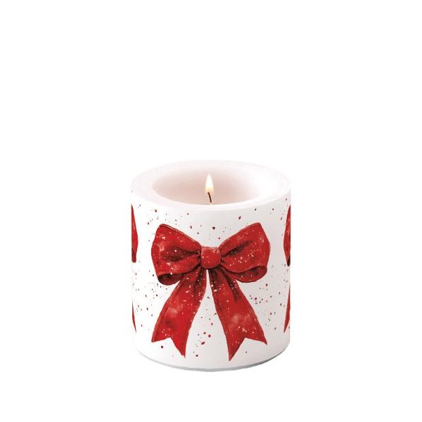 Weihnachten Kerze klein Ø 7,5 x 9 cm  rote Geschenkschleife  Fancy bow red/white