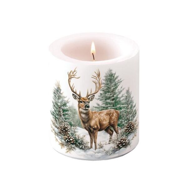 Weihnachten Kerze medium Ø 10 x 10 cm Hirsch im Wald  Winter stag white