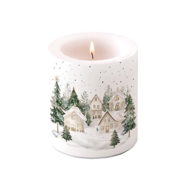 Weihnachten Kerze medium Ø 10 x 10 cm Dorf im Schnee  Snowy houses