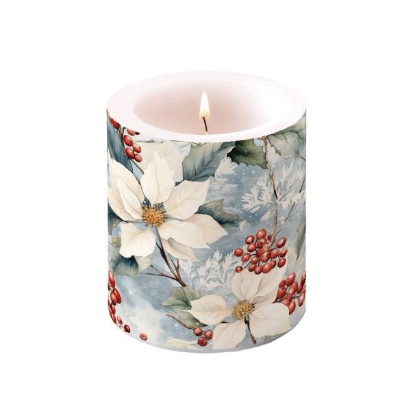 Weihnachten Kerze medium Ø 10 x 10 cm Weihnachtsstern und Stechpalme  Winter poinsettia