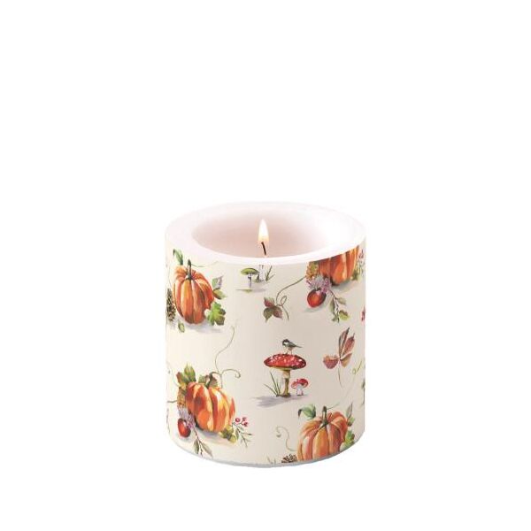 Herbst Kerze klein Ø 7,5cm Höhe 9 cm Pilz Kürbis Tannenzapfen