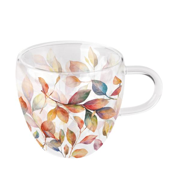 A-2026 Herbst Doppelwandiger Glasbecher Ø 10 h 9,5 cm 0,2L Herbstblätter an Zweigen