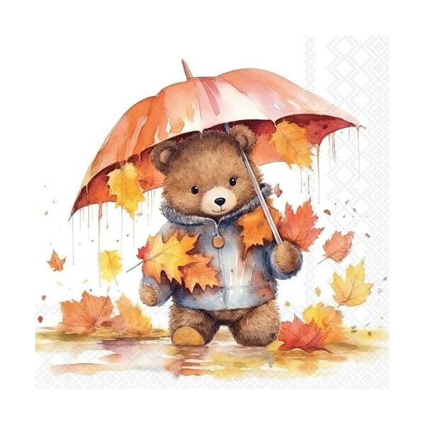 Herbst Servietten Lunch Bär mit Regenschirm 33x33 cm 3lagig 20 Stück
