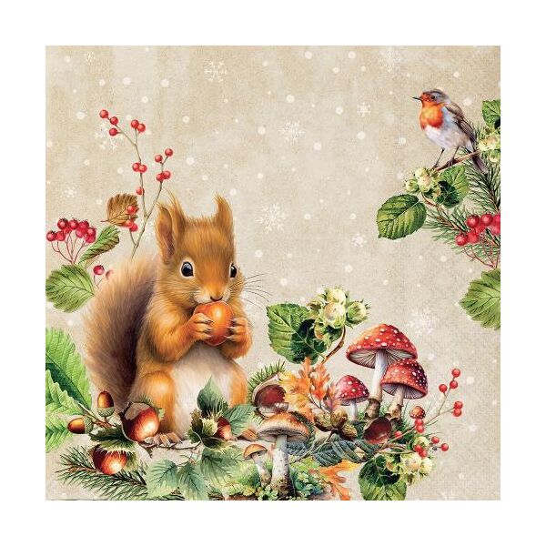 Herbst Servietten Cocktail Eichhörnchen isst Nuss Pilze 25x25 cm 3lagig 20 Stück